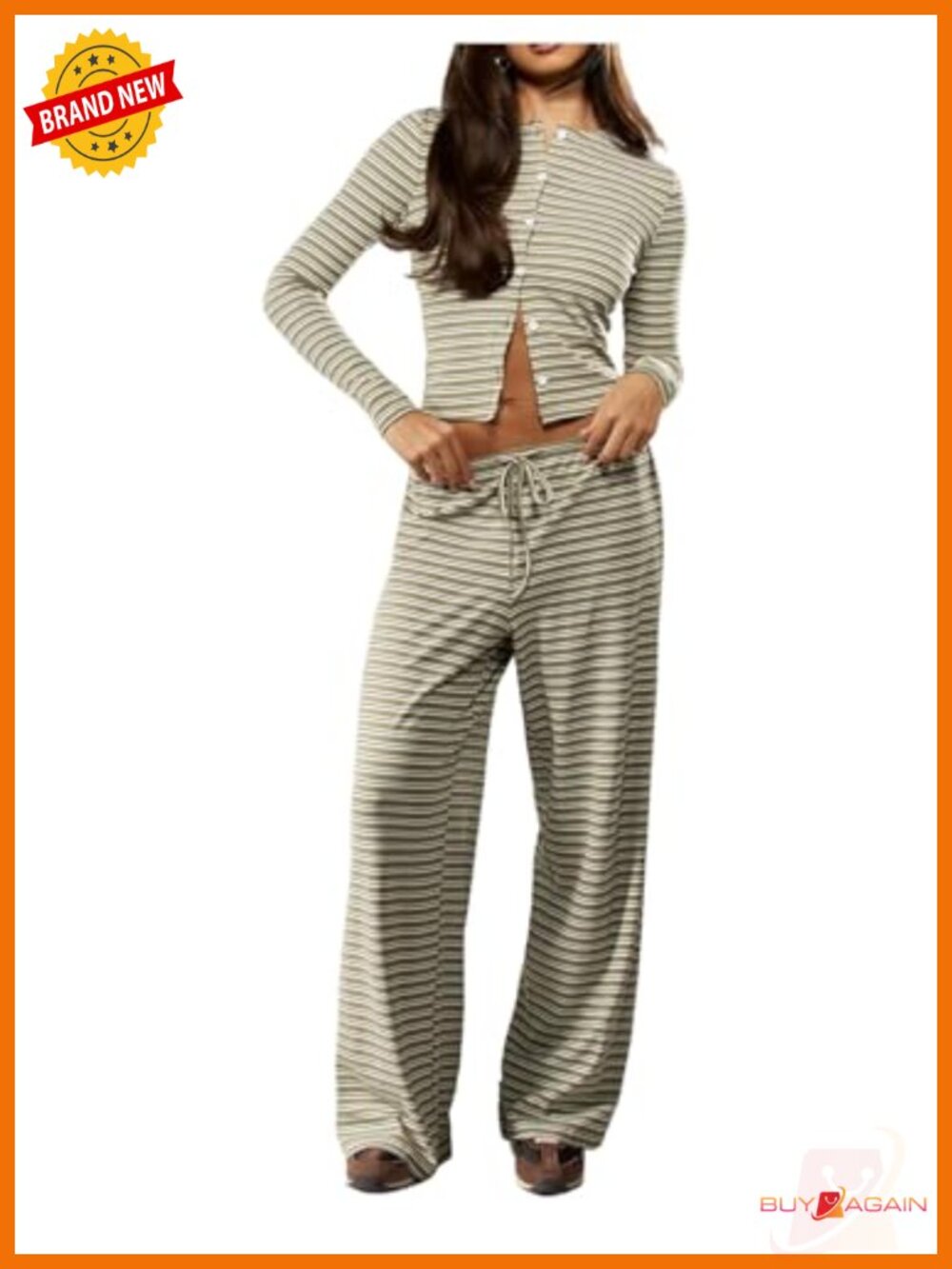 Striped 2 Piece Lounge Set Button Down Long Sleeve Knit Top Wide Leg Pants